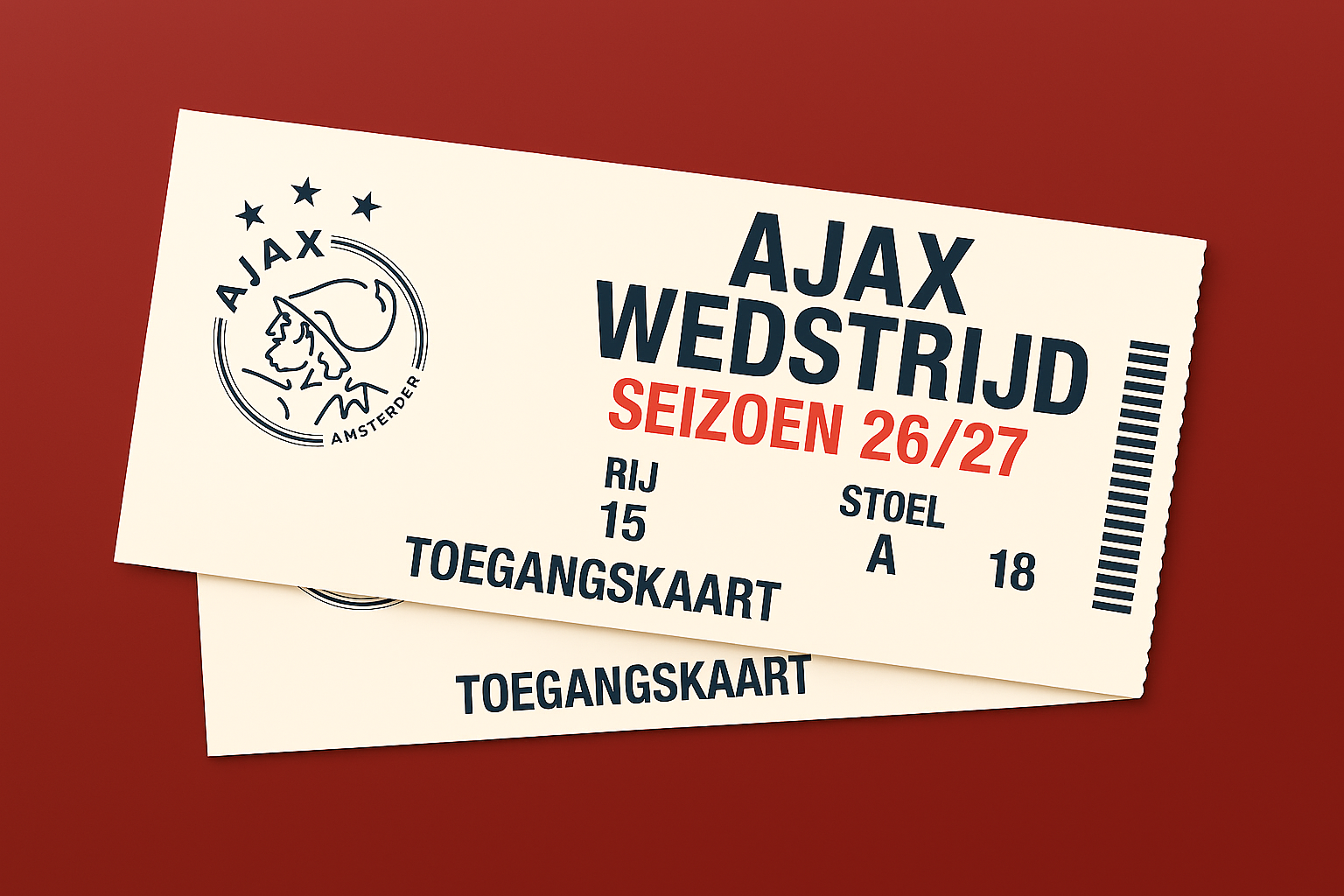 2 kaarten Ajax wedstrijd naar keuze seizoen 26/27 (2de ring korte zijde)